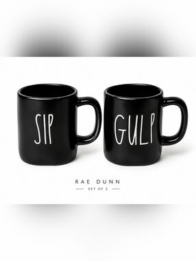 Rae Dunn SIP & GULP Matte Black Coffee Mug Set of 2 Artisan Collection Magenta